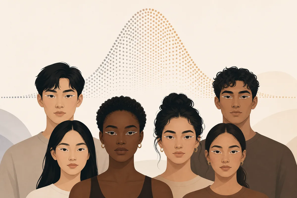 Diverse illustrated faces with almond eye outlines and an abstract distribution curve