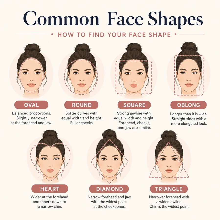 Tableau comparant les visages ovales, ronds, carrés, cœur, diamant, allongés et triangulaires