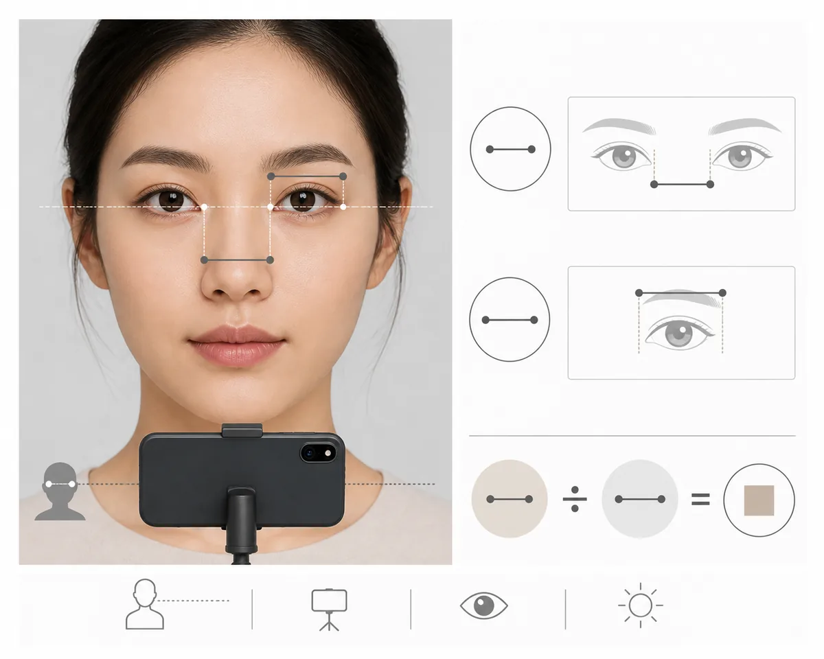 Diagrama editorial de una foto frontal y líneas para medir la distancia entre los ojos