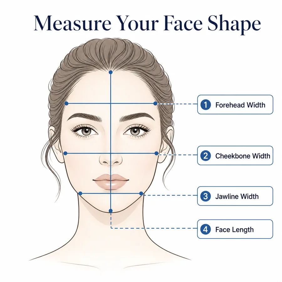 Guide de mesure du visage montrant le front, les pommettes, la mâchoire et la longueur du visage