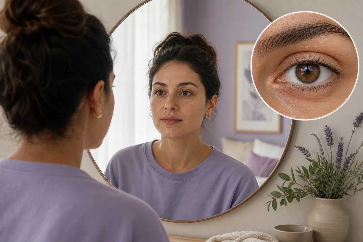 Persona observando sus ojos en el espejo con mirada relajada