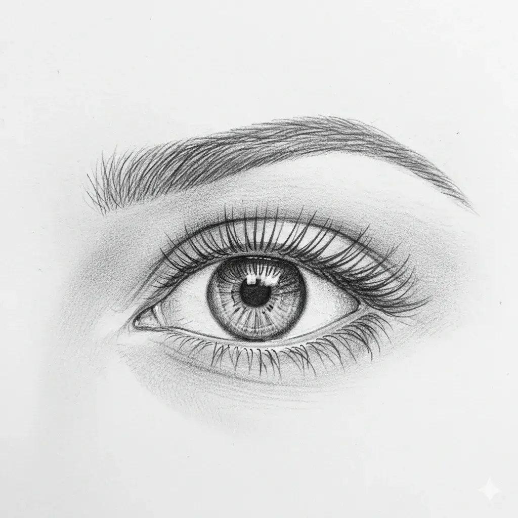 Reference example showing upturned eyes with the outer corner slightly higher than the inner corner