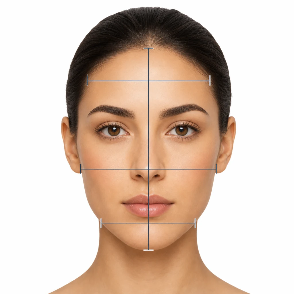 Schéma éditorial montrant quatre mesures du visage utilisées par un calculateur de forme du visage